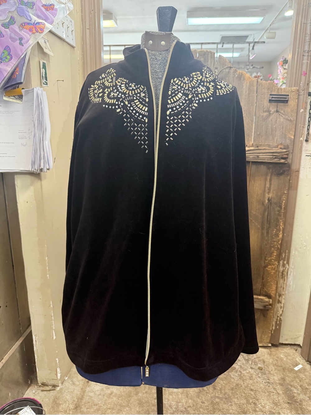 Black Velvet Embellished Bomber Jacket with Gold Studs